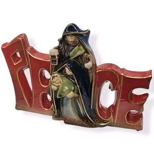 Christmas Red Ceramic PEACE‎ Spellout With Nativity Family Statue Figurine